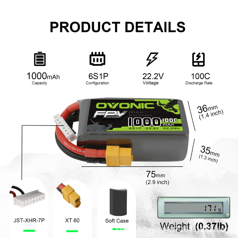 2Pcs OVONIC 1000mAh 100C 22.2V - đánh giá và giá Drone Battery 6S